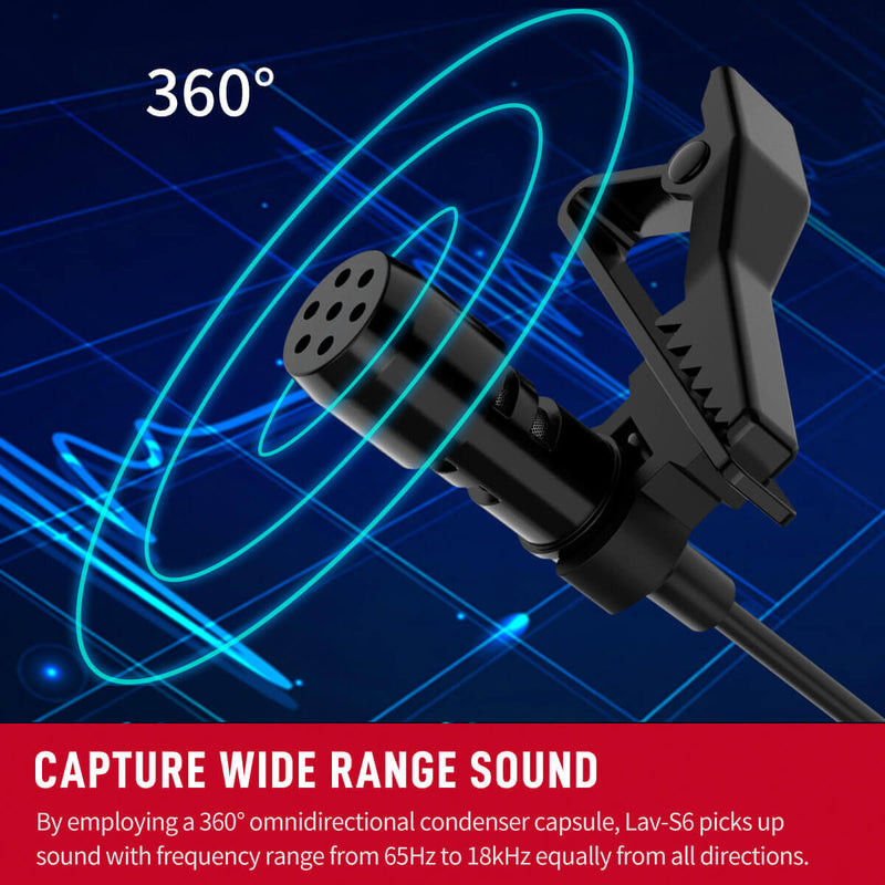Moman S6 lapel mic for video recording can capture wide range sound by employing a 360° omnidirectinal condenser capsude