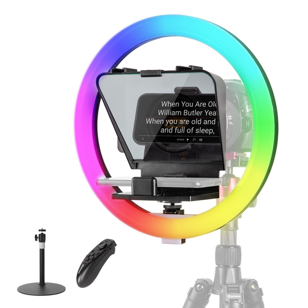 Moman MTRX consists of a teleprompter and a RGB ring light, offering a customized lighting and prompting solution
