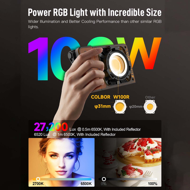 COLBOR W100R features a 100W power output and offers 27,200 lux lighting at 0.5m, 6500K color temperature.