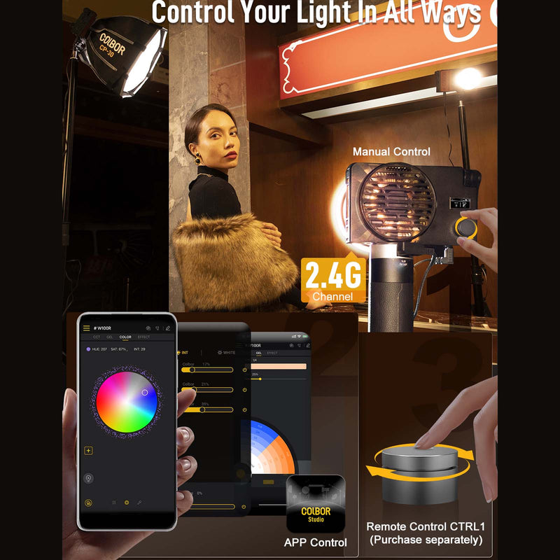 COLBOR W100R supports various controls, including onboard buttons, App control, 2.4G group control, and remote control.