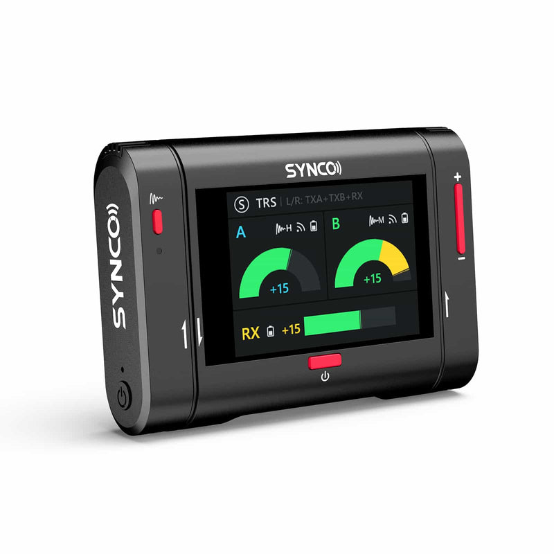 SYNCO G3 Pro dual wireless lav microphone for YouTubers includes a receiver featuring a touchscreen and two transmitters.