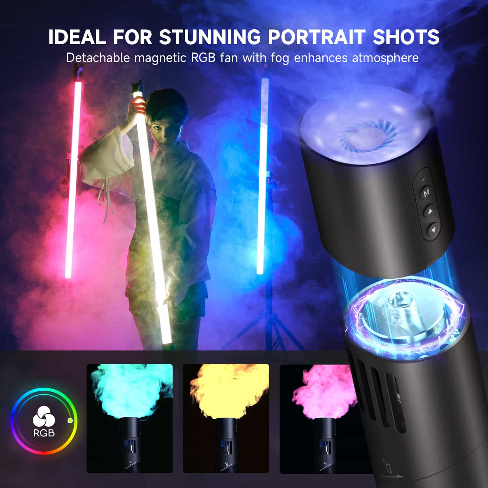 COLBOR CF5 is a fog machine with lights and fan to create different colors and shapes of smoke.