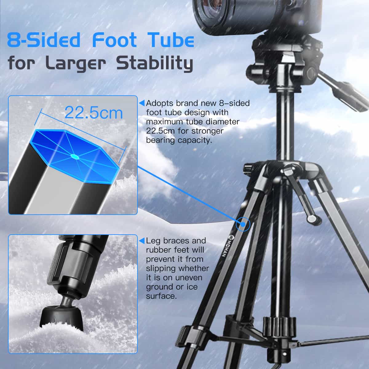 Moman Max80 travel camera tripod adopts 8-sided foot tube for larger stability and stronger bearing capacity.