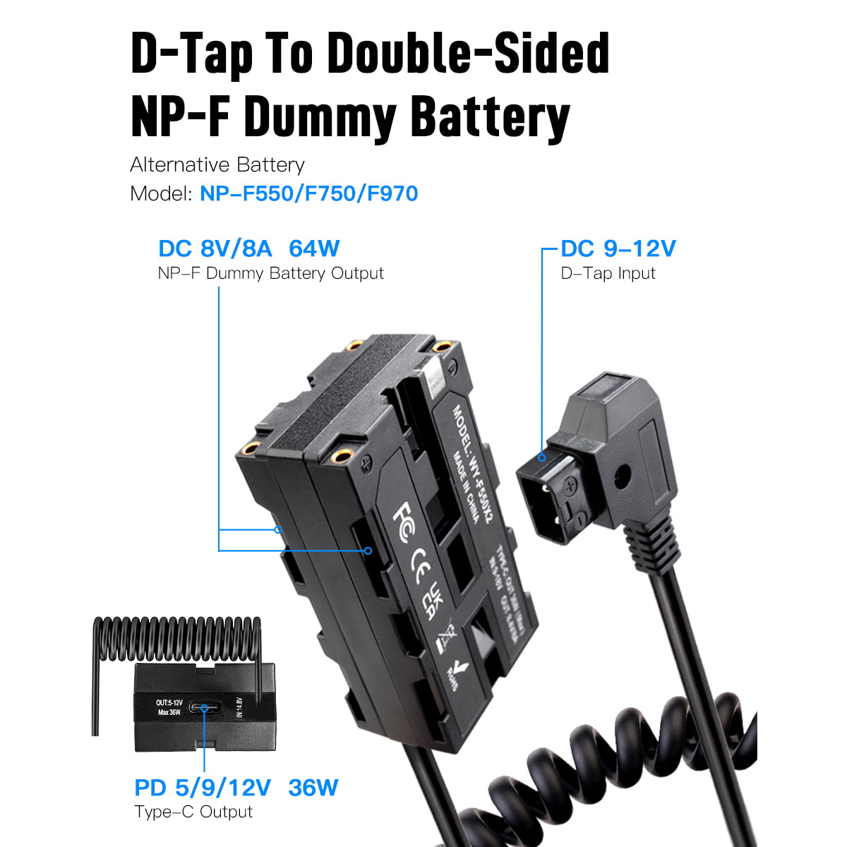 Moman DDB-NPF is a converter of D-tap to double-sized NP-F dummy battery. It works with NP-F550, F750, F970, and so on.