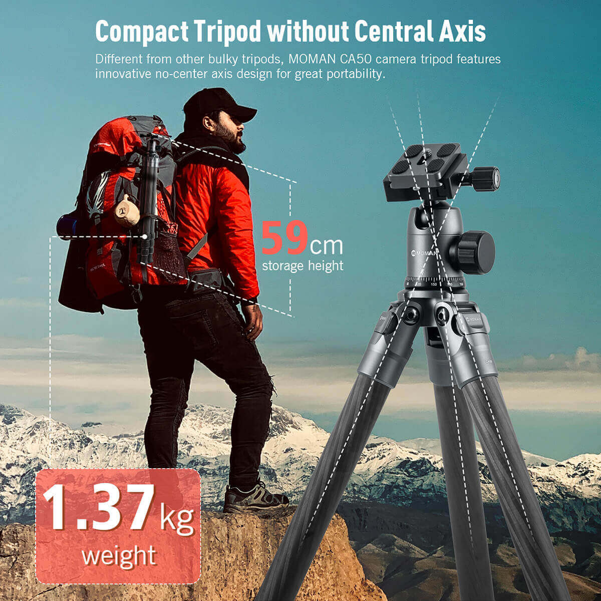 Moman CA50 travel tripods is compact without the central axis. Its storage height is only 59cm and weighs 1.37kg.