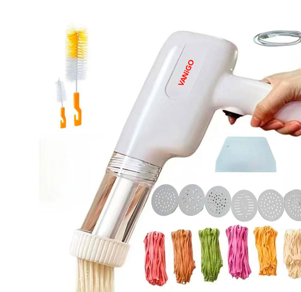 VANiGO Macchina per la pasta elettrica portatile, macchina per la pasta senza fili 6 in 1, macchina per la pasta portatile con stampi e taglierina, pressa per pasta automatica, macchina per spaghetti ramen fatta in casa con spazzola per la pulizia