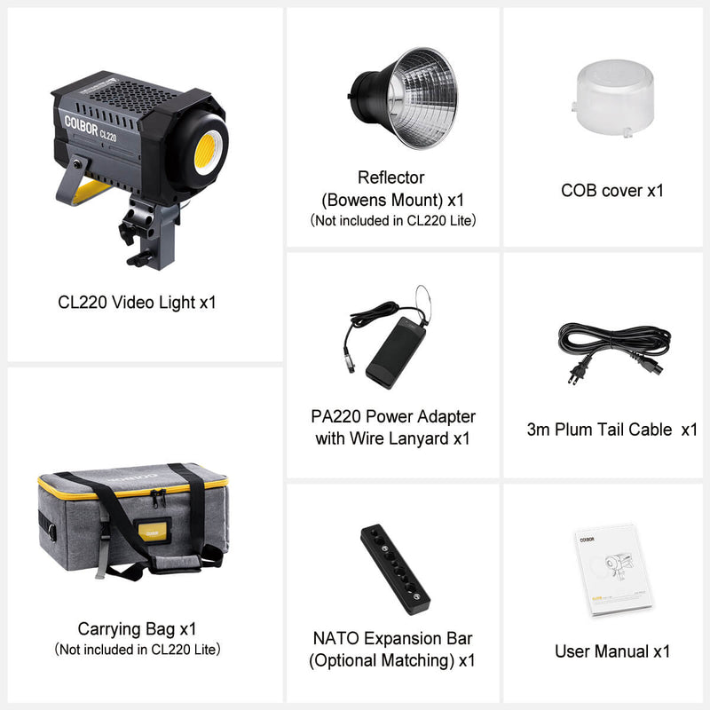 COLBOR CL220 of Standard and Lite package list: Video light, COB cover, carrying bag, cable, adapater, etc.