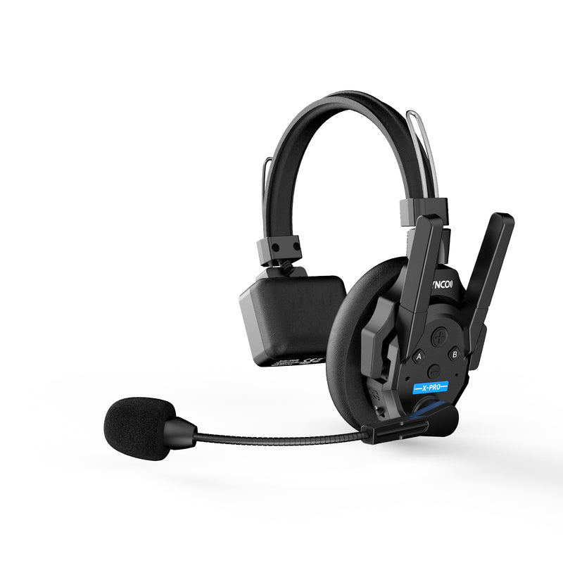 The SYNCO Xtalk XPro two-way communication headset has two external antennas, an adjustable headband, a boom mic, a single earmuff, and two control buttons. 