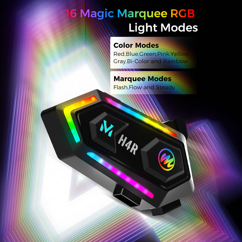 Moman H4R helmet headset is designed to have 16 magic Marquee RGB light modes in 6 colors. It includes the effects of Flash, Flow, and Steady.