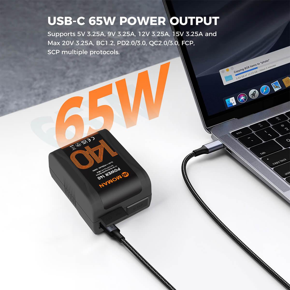 Moman Power 140 Red Raven v mount battery features a USB-C 65W power output. It has lots of applicable scenarios, charging laptops, cameras, camcorders, so on.