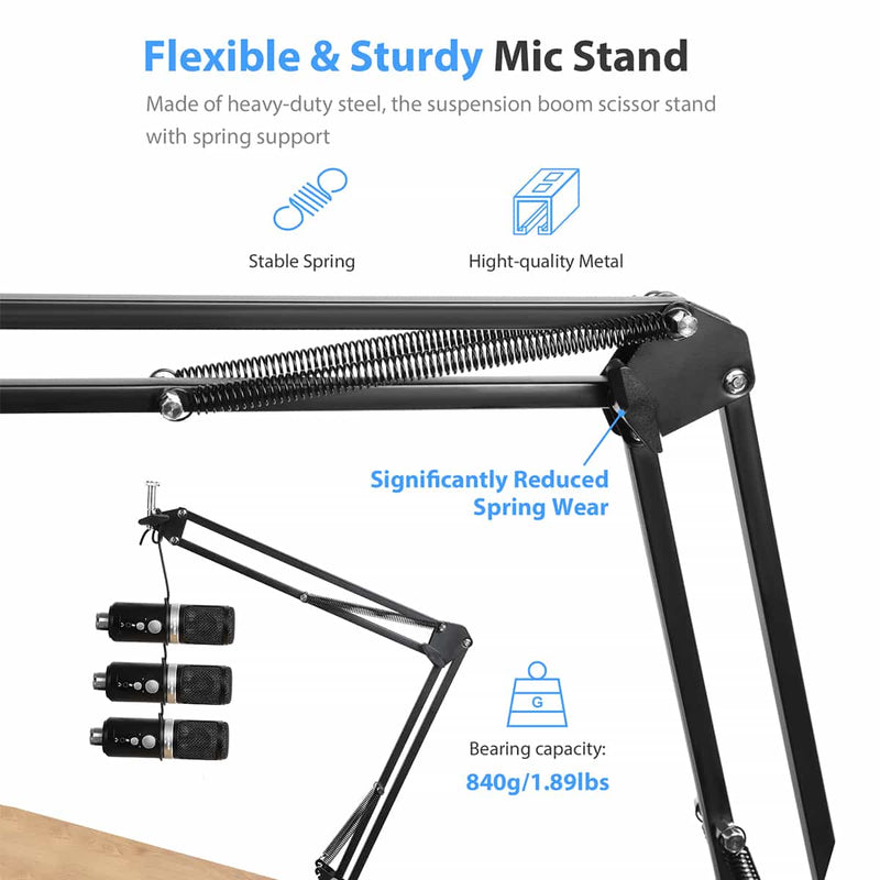 Moman SA33 flexible and sturdy mic stand is made of heavy-duty steel. Its bearing capacity is 840g/1.89lbs for kinds of microphones.
