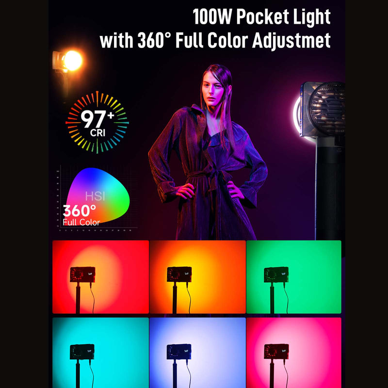 COLBOR W100R works as RGB hair light in photography, featuring 360° full-color adjustment and 97+ CRI.