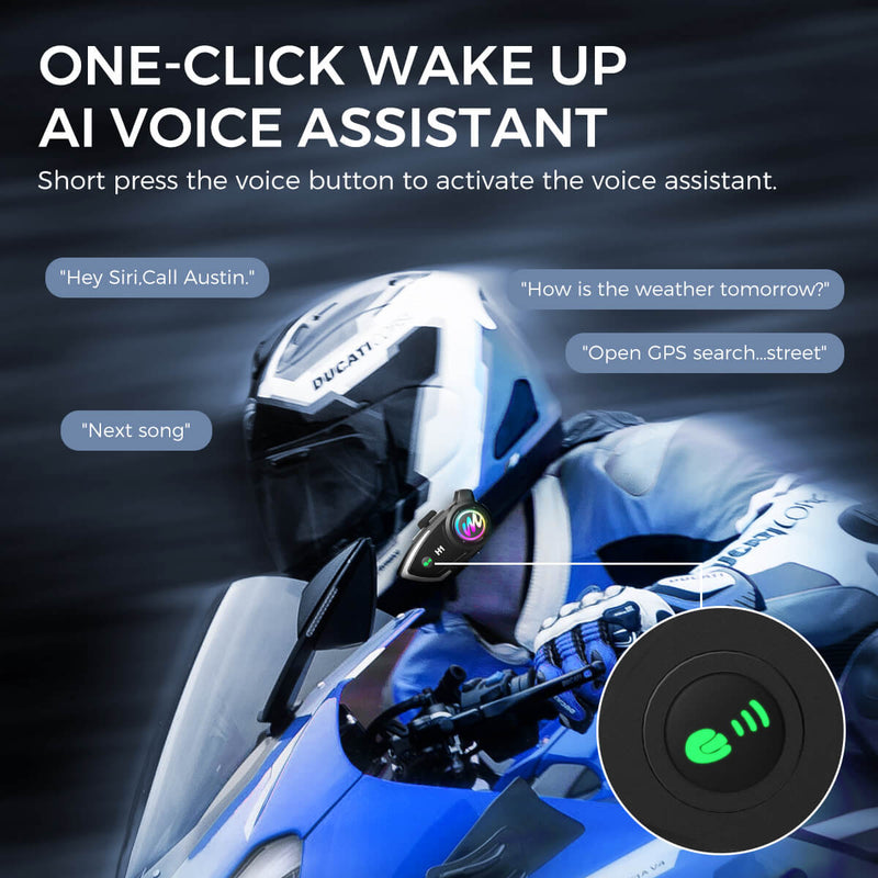 Moman H1 helmet intercom features AI voice assistant feature, and provides wireless connection and simple control with phones.