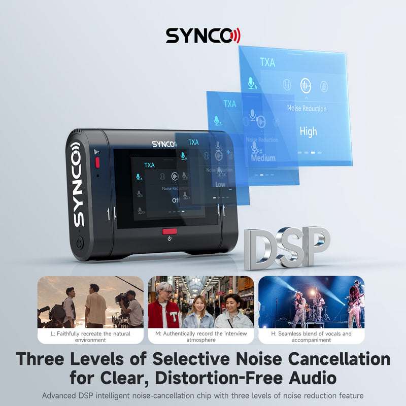 SYNCO G3 Pro offers 3 levels of selective noise cancellation for various scenarios like video recording and interviewing.