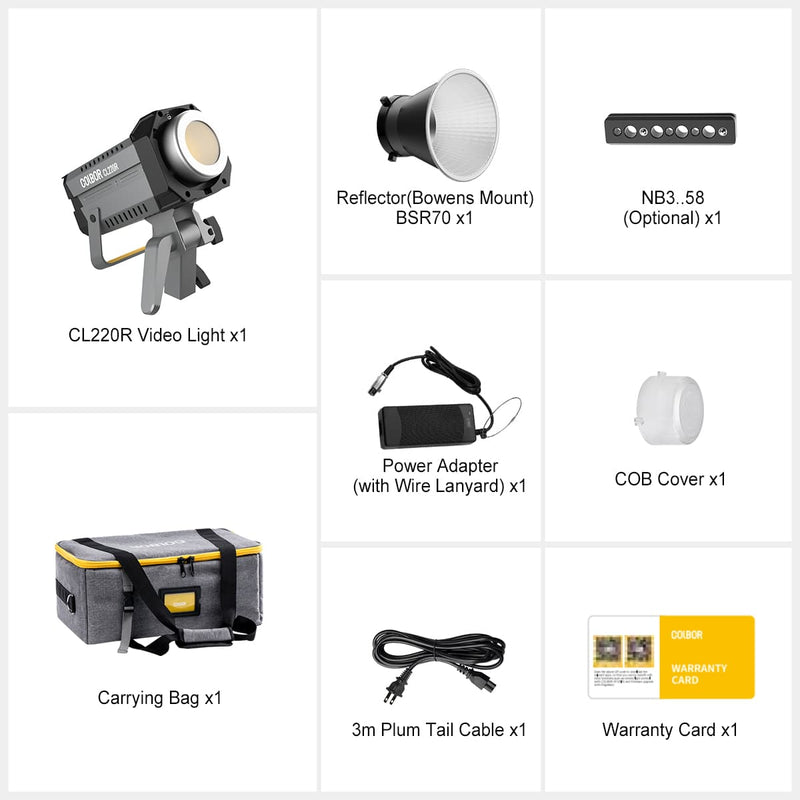 COLBOR CL220R package list: Video light, reflector, carry bag, COB cover, power adapter, cable, etc.