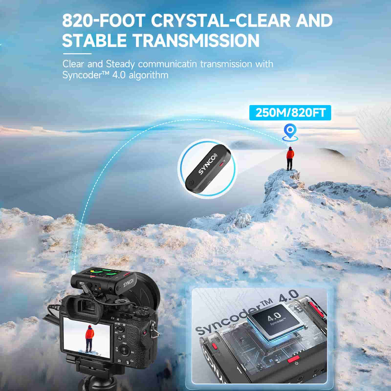 SYNCO G3 Pro ensures crystal-clear audio and stable transmission within a LOS range of 250m/820ft.