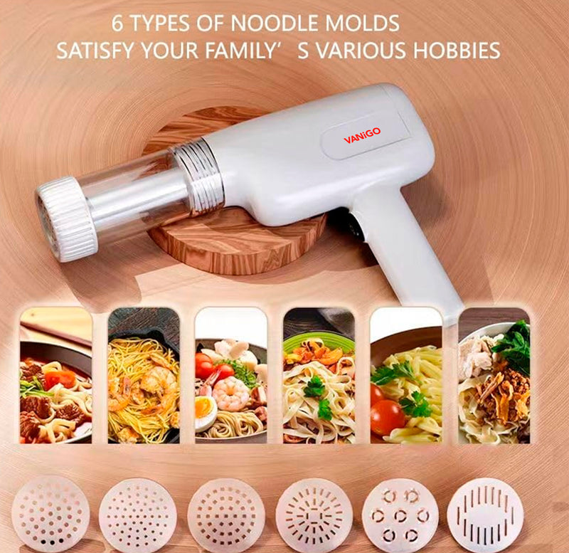 VANiGO Macchina per la pasta elettrica portatile, macchina per la pasta senza fili 6 in 1, macchina per la pasta portatile con stampi e taglierina, pressa per pasta automatica, macchina per spaghetti ramen fatta in casa con spazzola per la pulizia