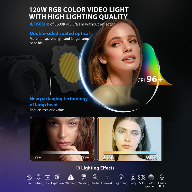 Luce video RGB COLBOR CL120R, uscita 120 W (2700-6500 K CRI96+) per studio e fotografia