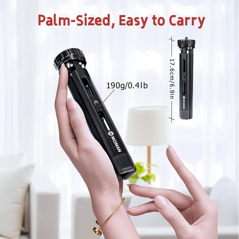 Moman TR01S is of palm-size for convenient carry. It weighs 190g/0.4lb, and its height is 17.6cm/6.9in.
