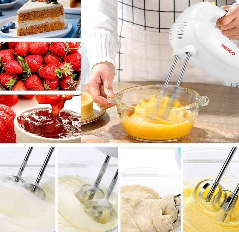 Frullatore elettrico a immersione VANiGO, frullatore a immersione da cucina a 5 velocità con separatore di uova turbo, 4 accessori in acciaio inossidabile per montare facilmente biscotti, brownies, torte, bianco - Nuovo