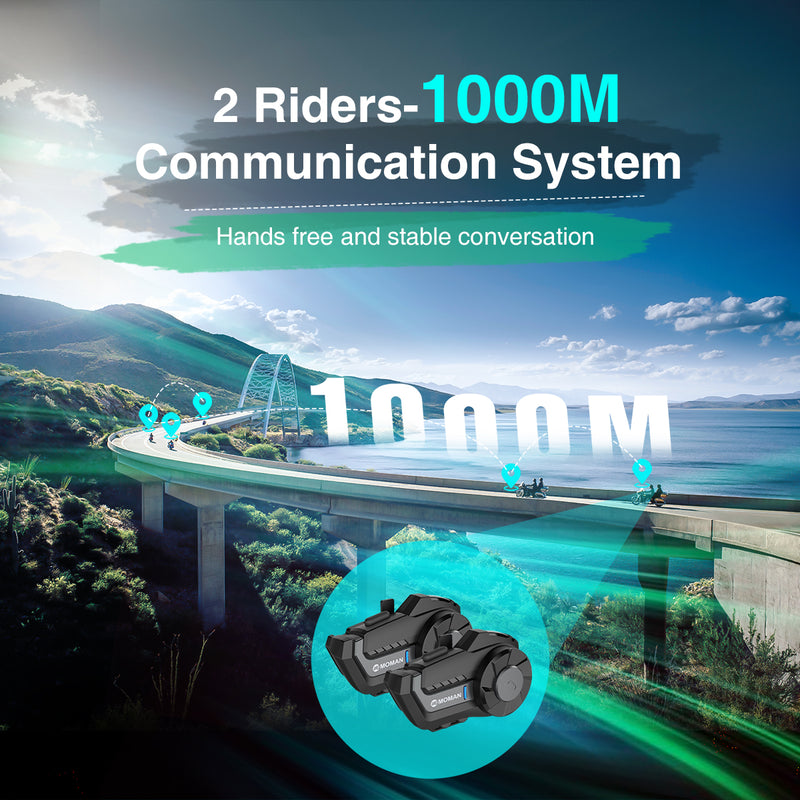 Moman H2 Pro wireless communication system supports hands-free and stable conversation between 2-riders within 1000 meters.