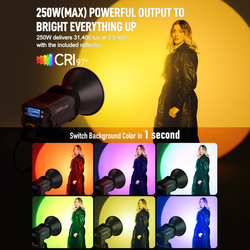 COLBOR CL220R color changing studio light has 250W(Max) output to bright everything up. It is of 97+ CRI and can switch color in 1s.