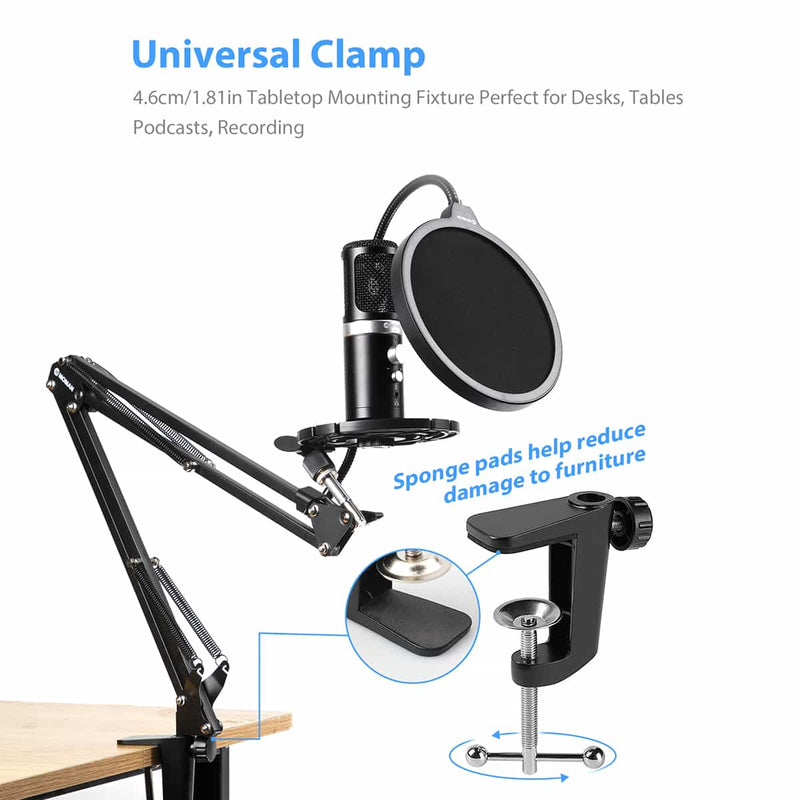 Moman SA33 scissor arm mic stand for thick desk features a universal clamp with sponge pads to help reduce damage to furniture.