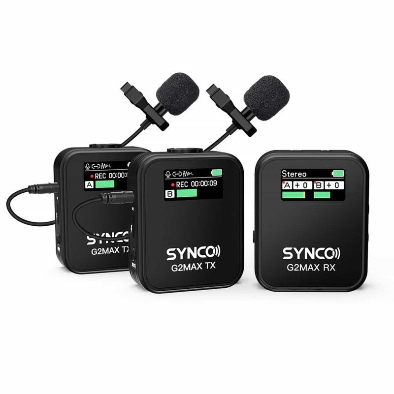 SYNCO G2(A2) Max best wireless lavalier microphone for video has two transmitters for two speakers.