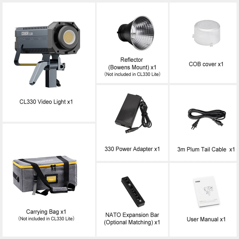 COLBOR CL330 package list: Video light*1, COB cover, power adapter, expansion bar, plum tail cable, etc.
