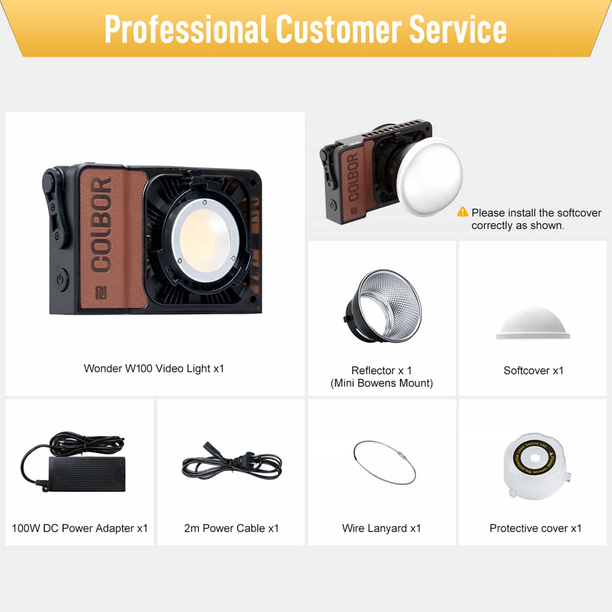 COLBOR W100 package list: Video light, reflector, softcover, DC power adapter, power cable, wire lanyard, etc.