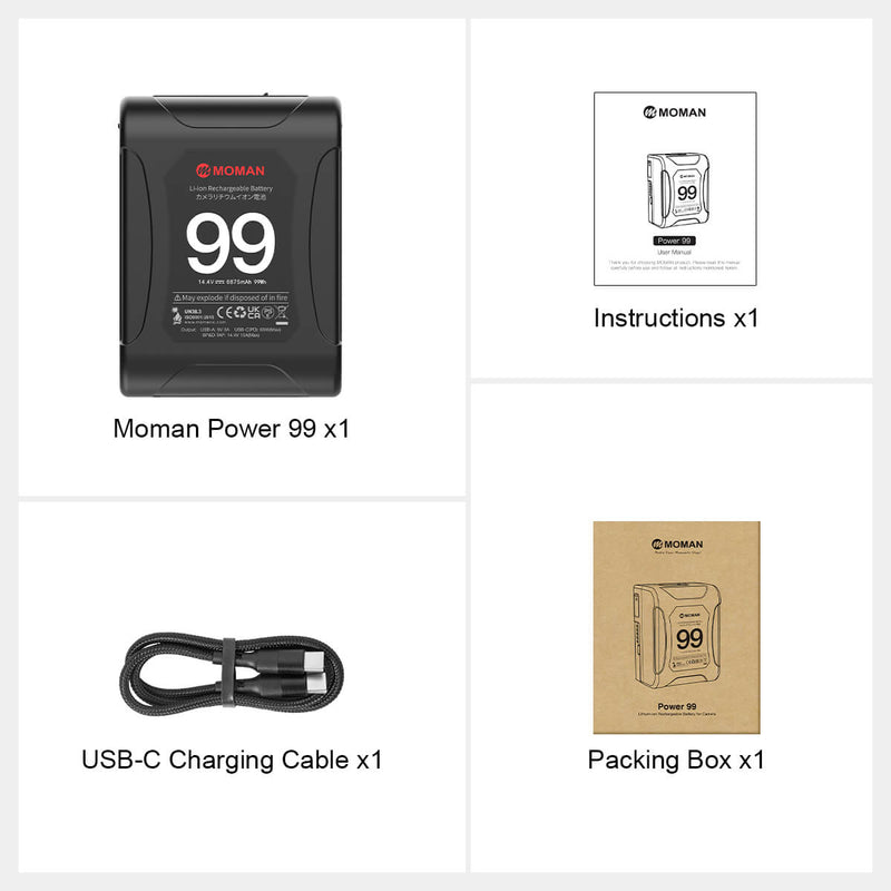 Package list of Moman Power 99 including the product, the instructions, a USB-C charging cable, and the packing box.