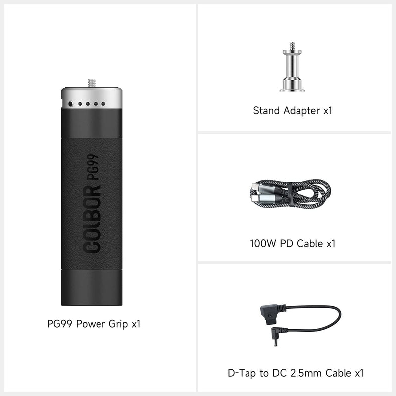 COLBOR PG99 package list: A power grip, a stand adapter, a 100W PD cable, a D-tap to DC 2.5mm cable.