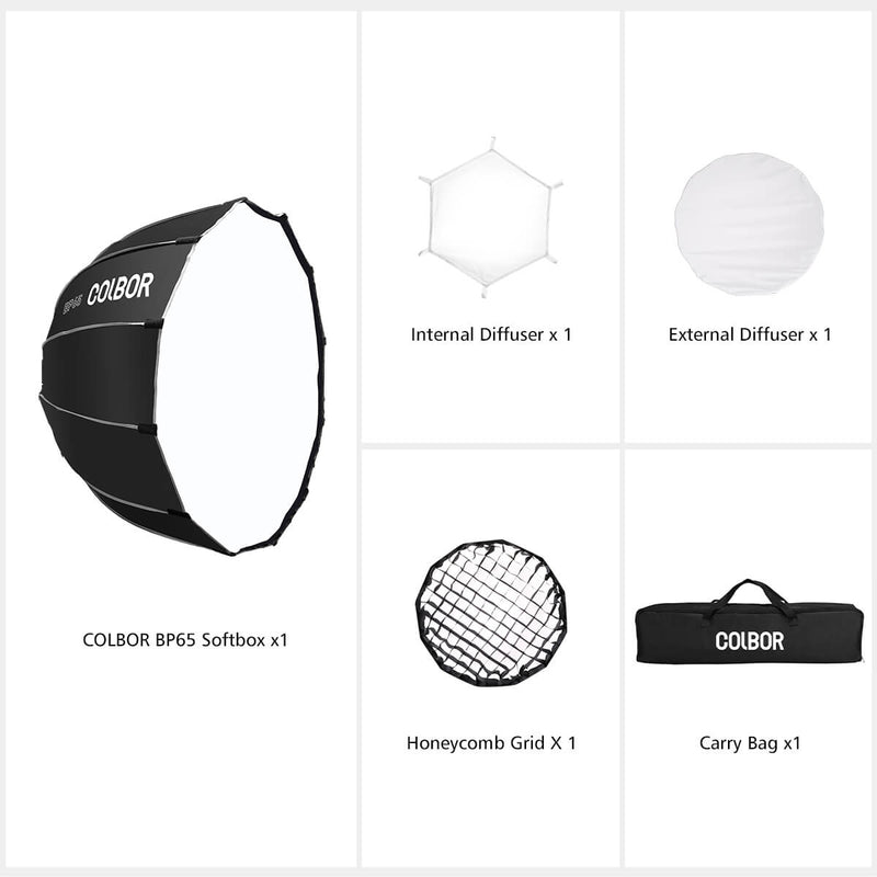  COLBOR CL65 package list: The 65cm softbox, internal and external diffuser, Honeycomb Grid, and a carry bag.