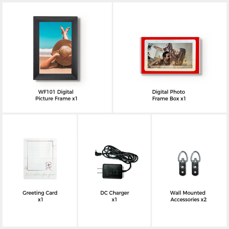 Moman WF101 package list: A digital picture frame, a frame box, a greeting card, a DC charger, and two wall mounted accessories.