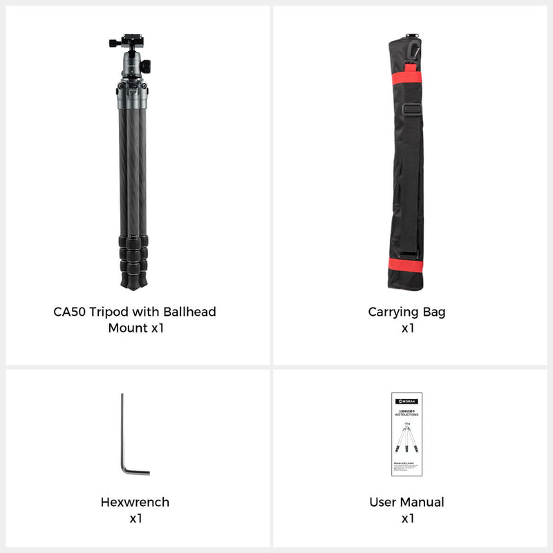 Moman CA50 package list: CA50 tripod with ballhead mount, a carrying bag, a Hexwrench, and a user manual.