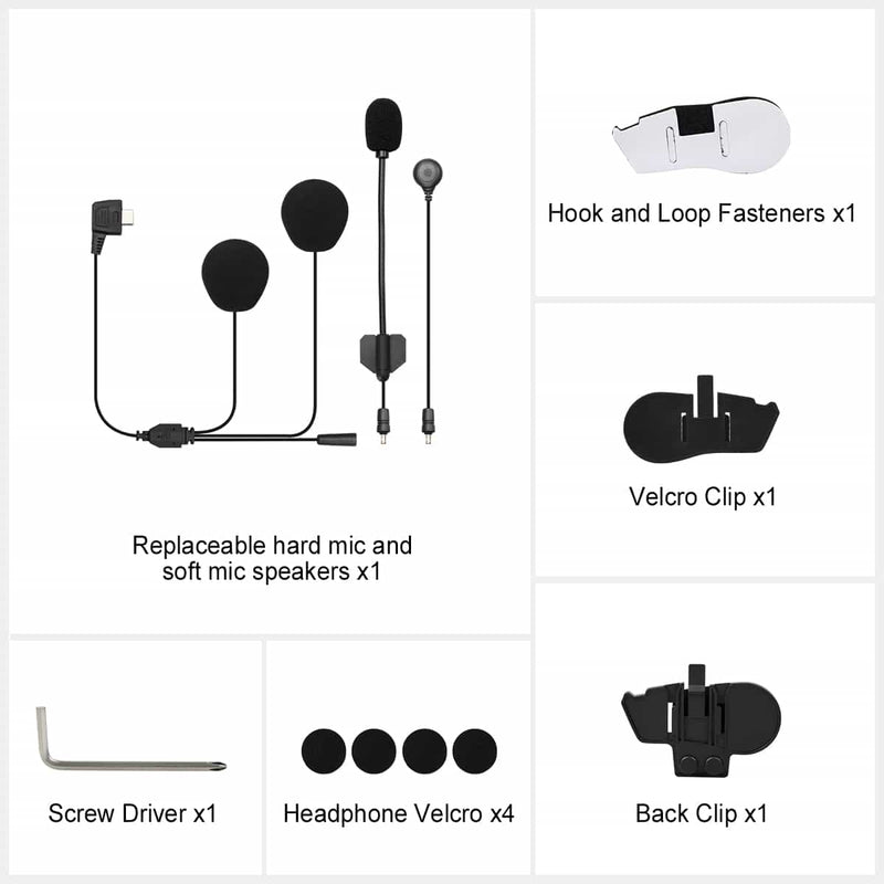 Moman H2 best Bluetooth speaker for motorcycle helmet package list: Speakers, fasteners, clips, velcros, and screw driver.