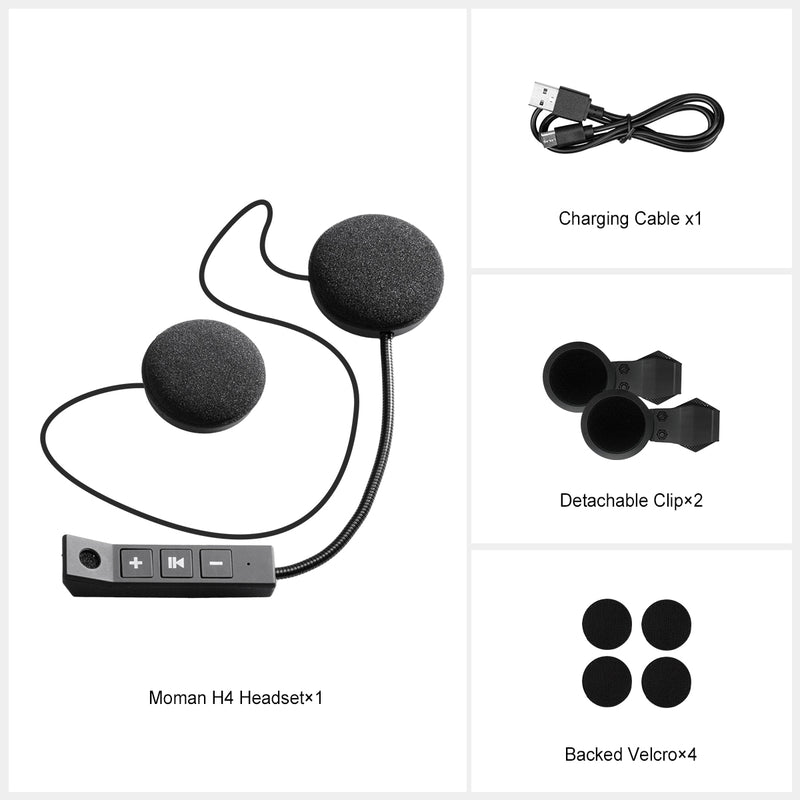 The earphone' s package includes the Moman H4, four backed velcros, two detachable clips, and a charging cable.