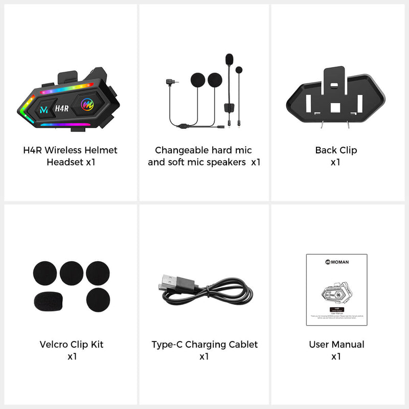 Package list of Moman H4R: A wireless helmet headset, hard & soft mic speakers, back and velcro clip kit, charging cable, and user manual.