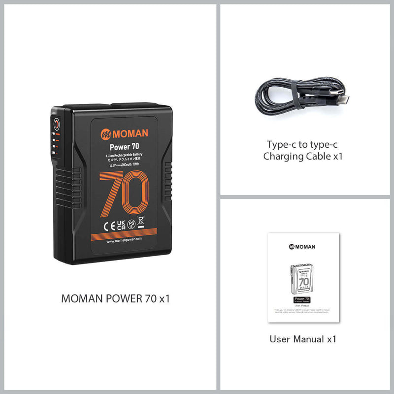 Moman Power 70 package list: 70Wh v mount battery*1, Type-C to Type-C cable*1, User manual*1.