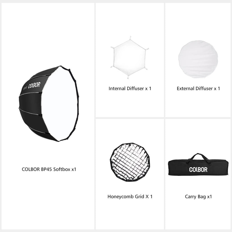 COLBOR BP45 package list: a 45cm softbox, an internal diffuser, an external diffuser, a Honeycomb Grid, a carry bag.