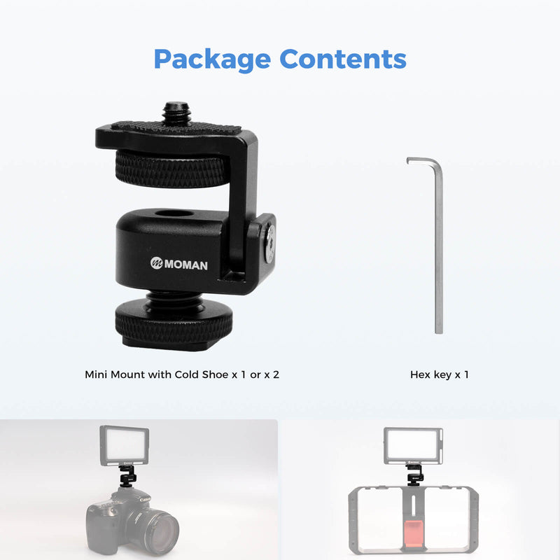 Package Contents of Moman BH02 small tripod ball head: A mount with cold shoe and a hex key.