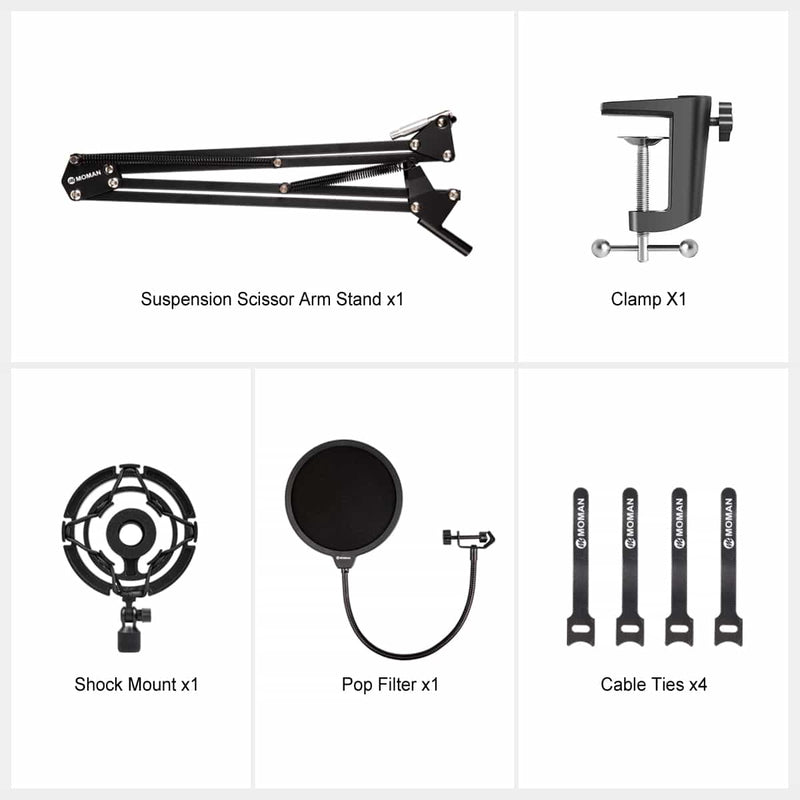 Moman SA33 package list: Best scissor arm mic stand, a clamp, pop filter, shock mount, and four cable ties.