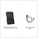 The product package includeds the COLBOR VAP1 NPF to v mount adapter and VC50 D-tap to USB C power cable