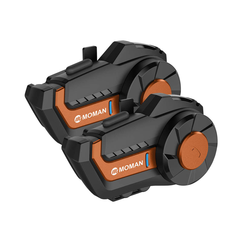 Moman H2 Pro 2-Rider Kit Orange can wirelessly connect to your mobile phone and allows you to use the functions on mobile through voice command.