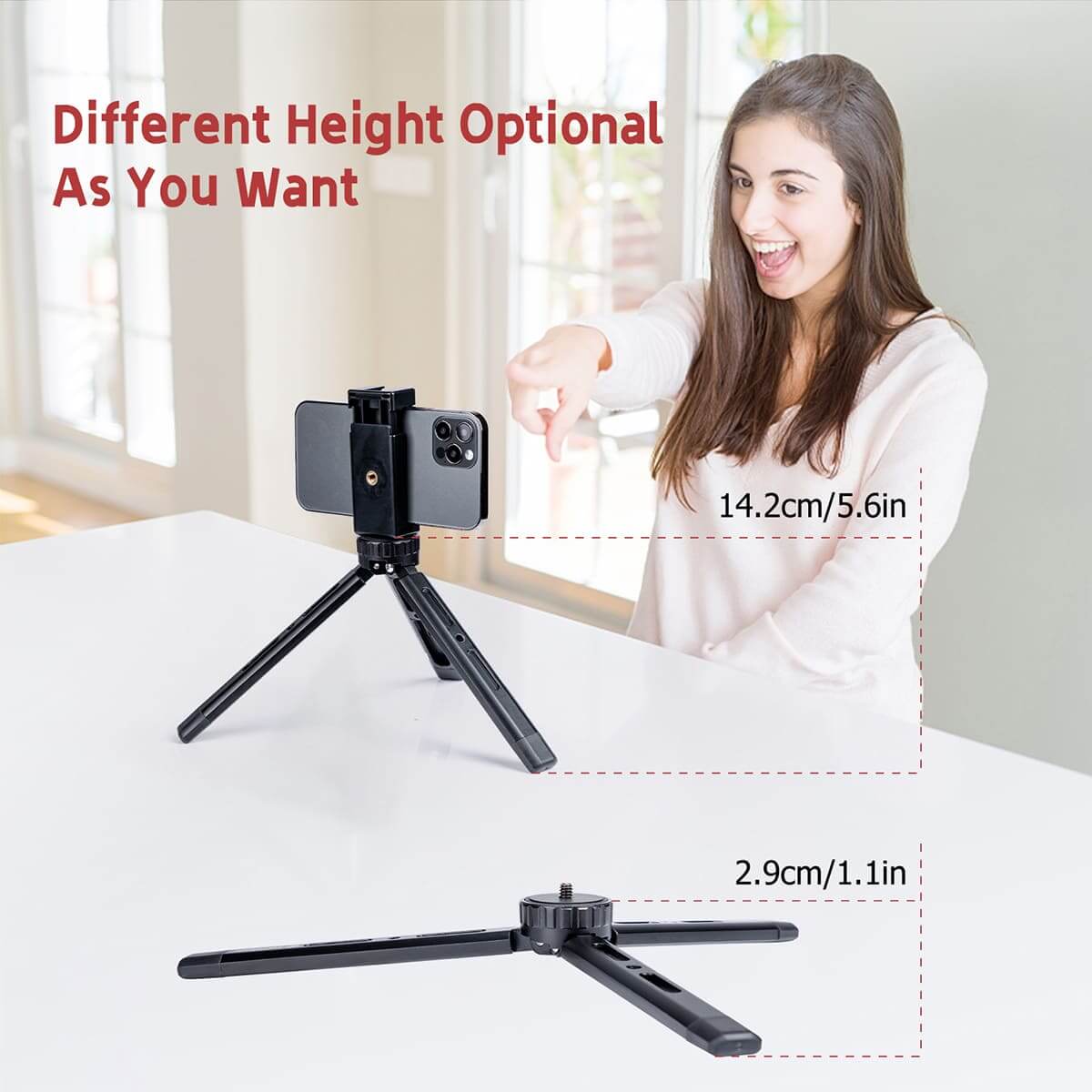 Moman TR01S mini tripod for phone and camera can adjust to different height (14.2cm to 2.9cm) for your specific needs.