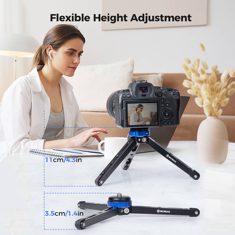 Moman TR01 tripod with an adjustable height with a quick snap lock for different angle shooting from 3.5cm to 11cm