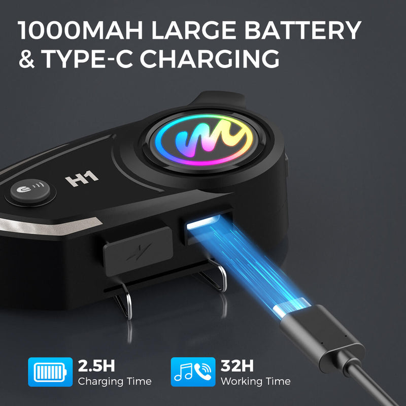 Moman H1 Bluetooth communication for motorcycle helmets with the 1000 mAh battery achieves a stunning run time up to 32 hours.