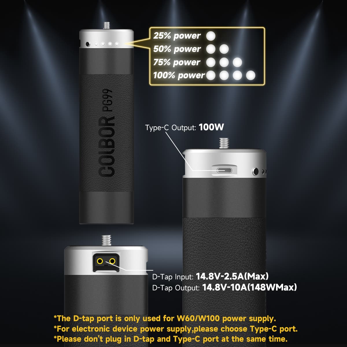 COLBOR PG99 has four indicator lights to show the remaining power in it. It has a D-tap for stable input and output.