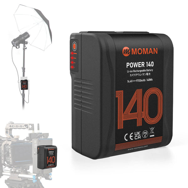 Moman Power 140 v mount battery for Red Komodo has a portable size but high output of up to 14.4V, 140Wh/9.7Ah for videography activities.