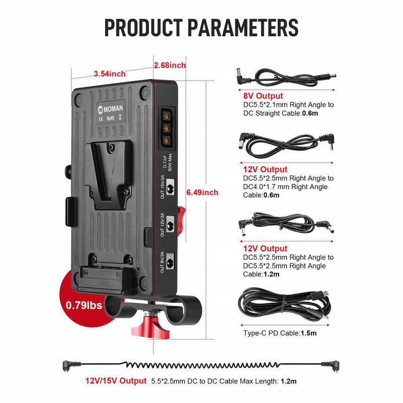 Moman VBP2 converter plate for v-lock power has portable size. It is packed with a four types of cables.